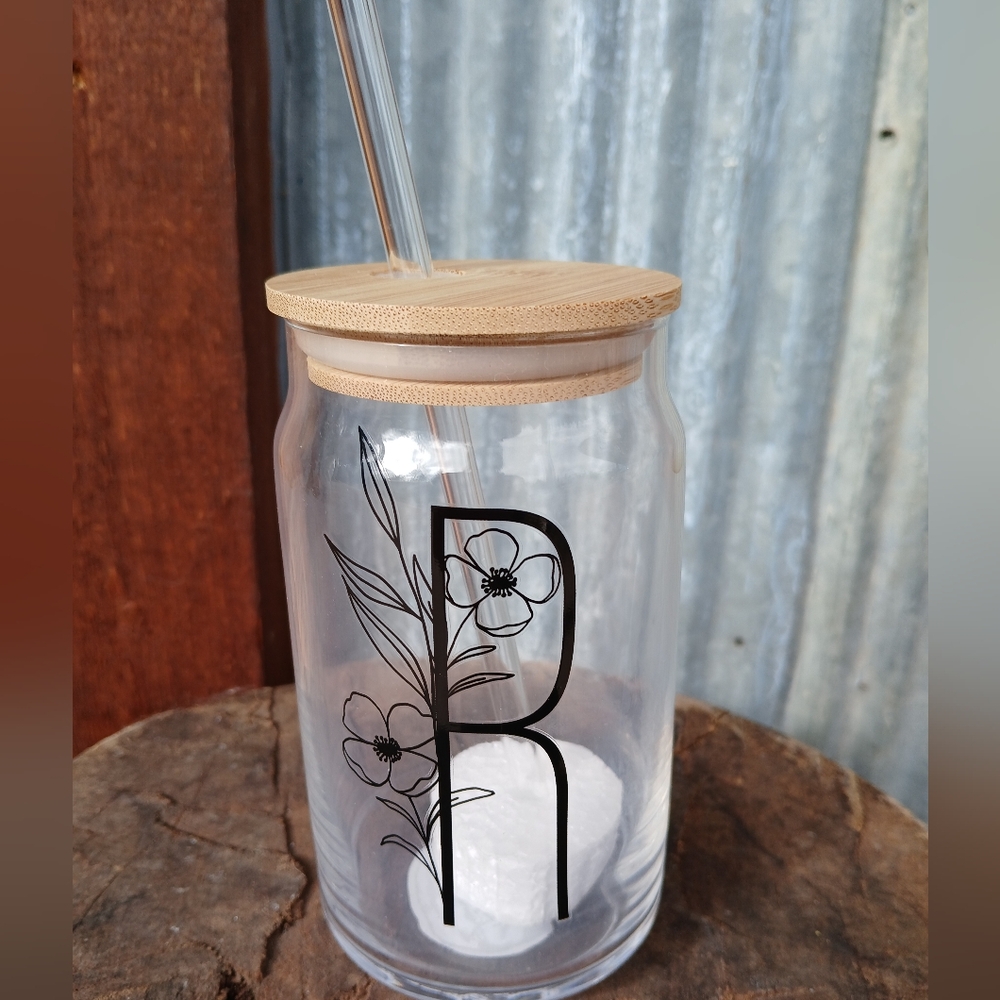 Glass Tumbler with Bamboo Lid and Straw Monogram "R" Floral Print NEW